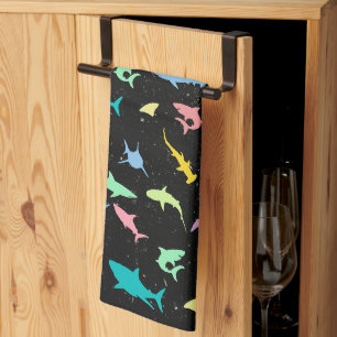 Shark fish colorful shadow on Dark galaxy Space Kitchen Towel