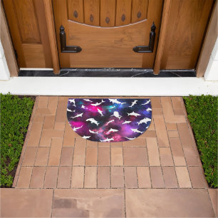 Shark fish white shadow on rainbow galaxy Space Doormat