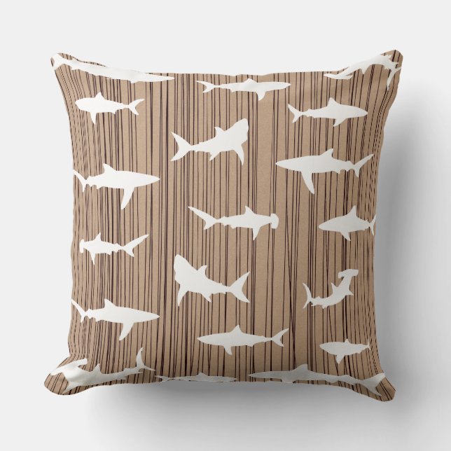 Shark Fishing Frenzy Wood Texture Beach Bar Throw Pillow (Front)