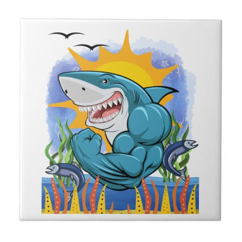 Shark Flexing Muscles Sea Life and Sunshine Ceramic Tile