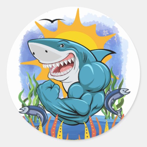 Shark Flexing Muscles Sea Life and Sunshine Classic Round Sticker