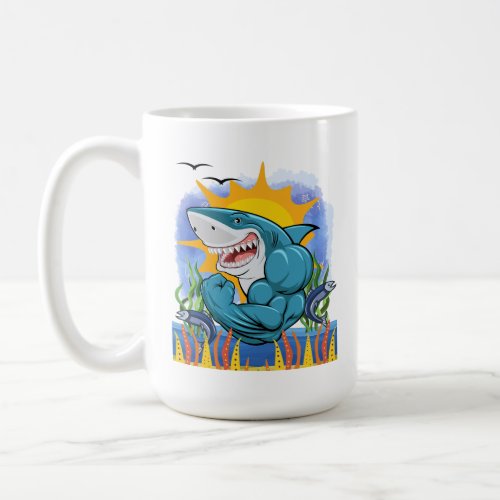 Shark Flexing Muscles Sea Life and Sunshine Coffee Mug