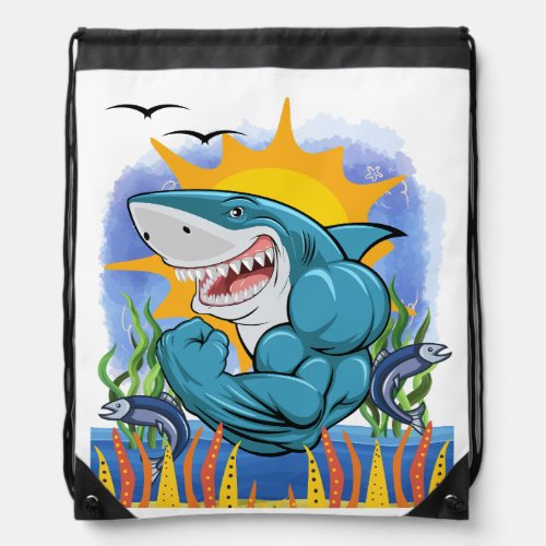 Shark Flexing Muscles Sea Life and Sunshine Drawstring Bag