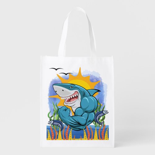 Shark Flexing Muscles Sea Life and Sunshine Grocery Bag