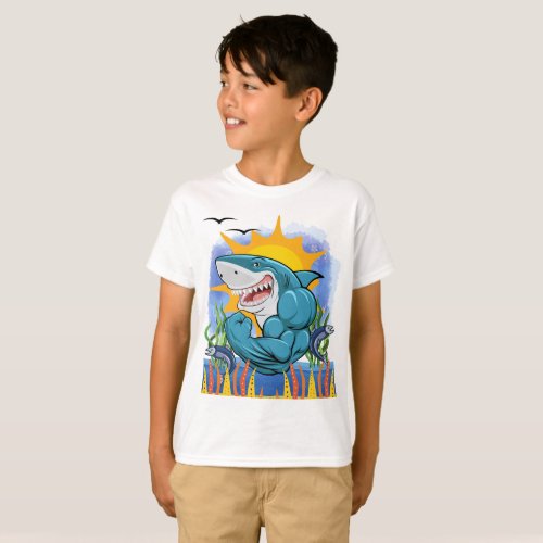Shark Flexing Muscles Sea Life and Sunshine Kids T_Shirt