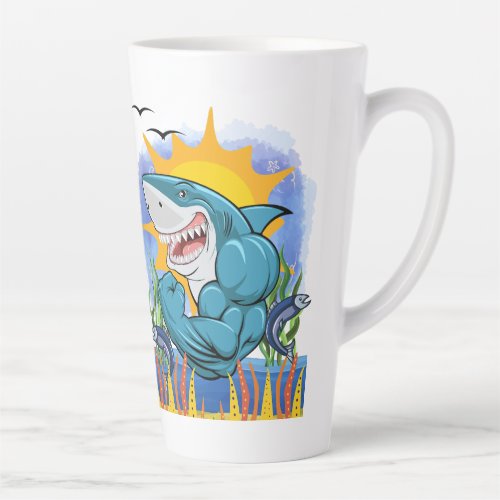 Shark Flexing Muscles Sea Life and Sunshine Latte Mug