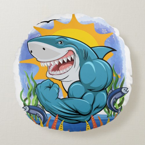 Shark Flexing Muscles Sea Life and Sunshine Round Pillow