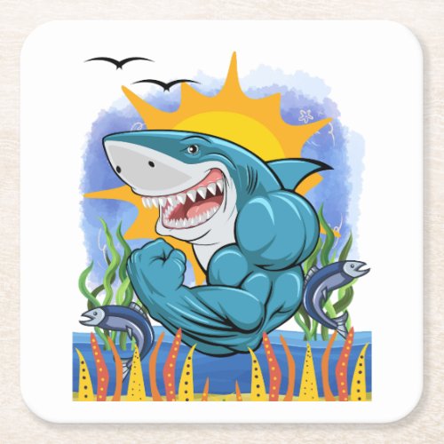 Shark Flexing Muscles Sea Life and Sunshine Square Paper Coaster