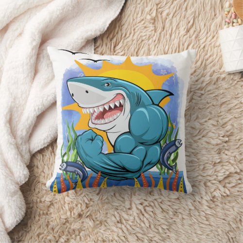 Shark Flexing Muscles Sea Life and Sunshine Throw Pillow