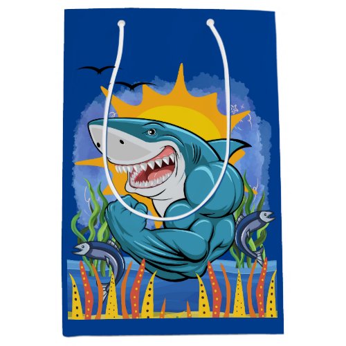 Shark Flexing Muscles Sea Life Sunshine Blue Medium Gift Bag