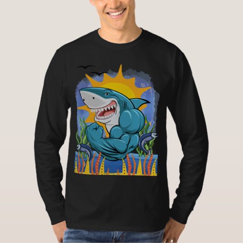 Shark Flexing Muscles Sea Life Sunshine LS Blk T_Shirt