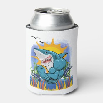 Shark Flexing Muscles Sea Life Sunshine Welcome  Can Cooler by xgdesignsnyc at Zazzle