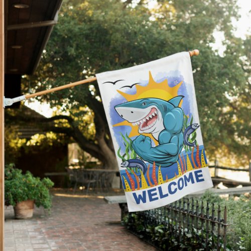 Shark Flexing Muscles Sea Life Sunshine Welcome  House Flag