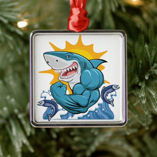 Shark Flexing Muscles Silver Framed Ornament