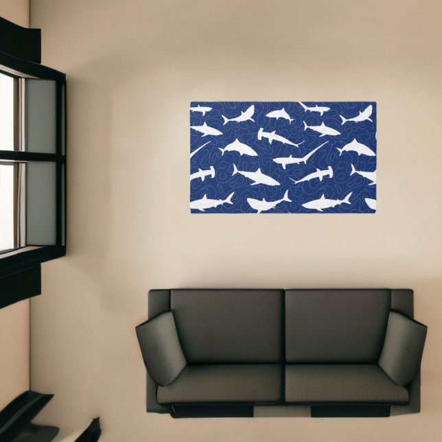 Shark Frenzy Blue and White Patterned Rug (Insitu (Indoor 1))