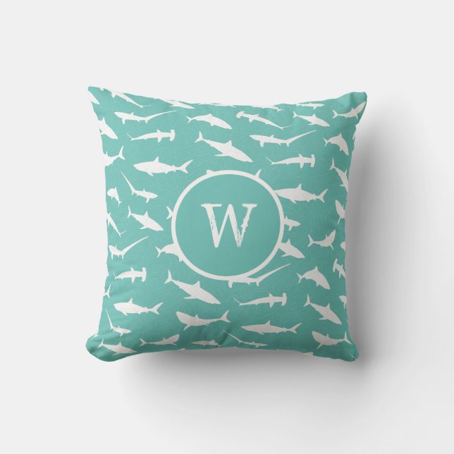 Shark Frenzy Blue White Monogram Throw Pillow (Front)