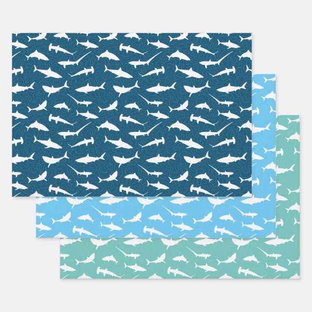 Shark Frenzy Blue White Wrapping Paper Sheets (Set)