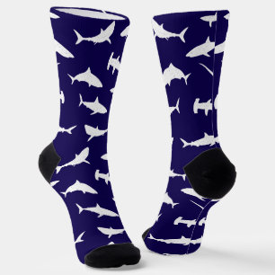 Shark Frenzy Navy Blue and White Pattern Socks