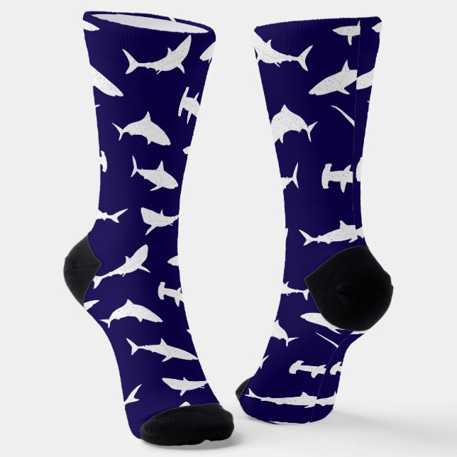 Shark Frenzy Navy Blue and White Pattern Socks (Angled)