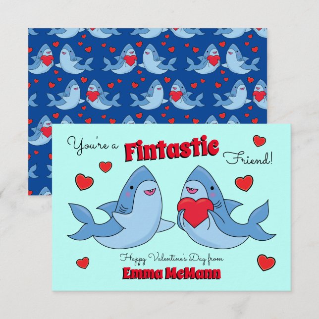 Shark Friendship Kids Classroom Valentine Cards (Front/Back)