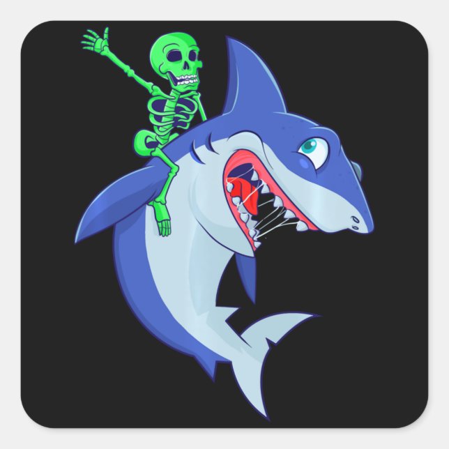 Shark Halloween Skeleton Riding Sharks Lover Funny Square Sticker (Front)