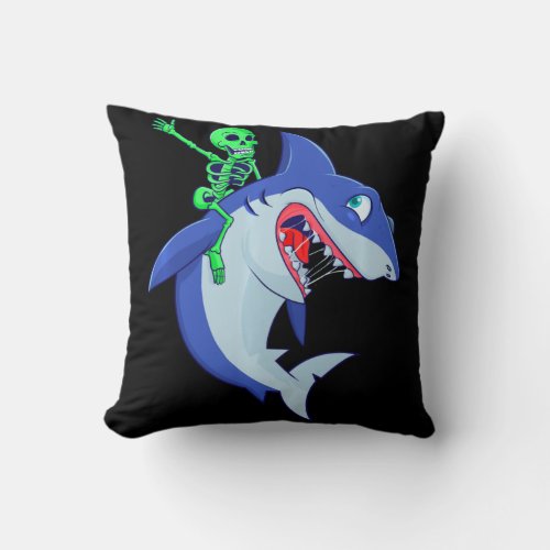 Shark Halloween Skeleton Riding Sharks Lover Funny Throw Pillow