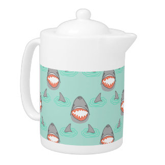 Shark Heads & Fins in Grey on Aqua w/ Ripples Teapot