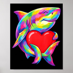 Shark Hugging Valentine Heart Color Critters Rainb Poster
