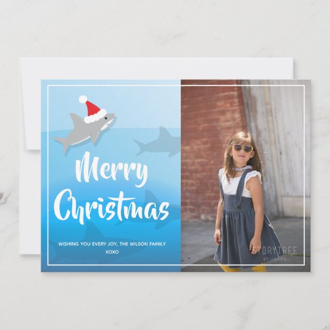 Shark in Santa Hat Christmas Flat Holiday Card (Front)