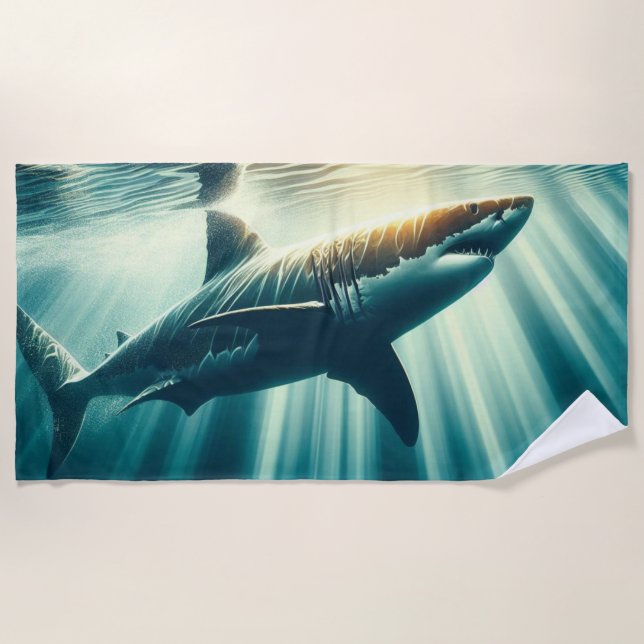 Shark in the deep blue sea & sunlight beach towel (Front)