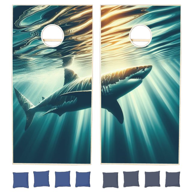 Shark in the deep blue sea & sunlight cornhole set (Set)
