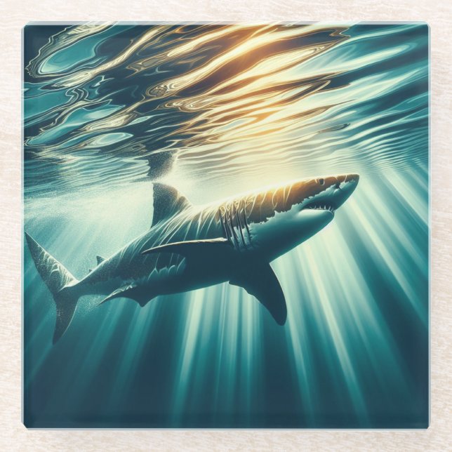 Shark in the deep blue sea & sunlight glass coaster (Front)
