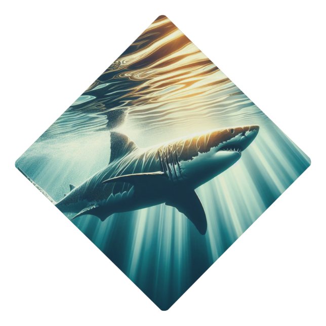 Shark in the deep blue sea & sunlight graduation cap topper (Front)