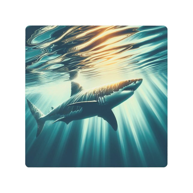 Shark in the deep blue sea & sunlight metal print (Front)