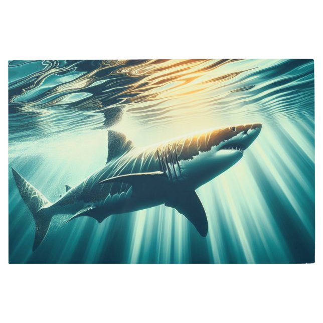 Shark in the deep blue sea & sunlight metal print (Front)