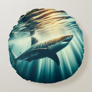 Shark in the deep blue sea & sunlight round pillow
