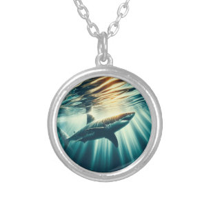 Shark in the deep blue sea & sunlight silver plated necklace