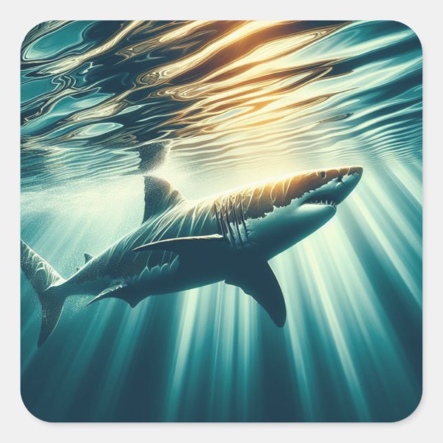 Shark in the deep blue sea & sunlight square sticker (Front)