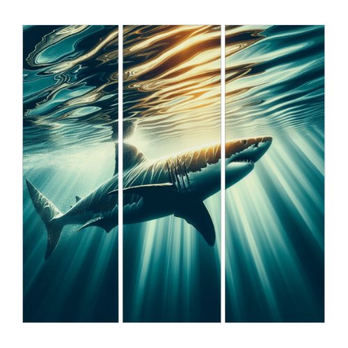 Shark in the deep blue sea  sunlight triptych