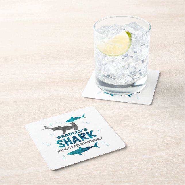 Shark Infested Any Age Birthday Party Square Paper Coaster (Insitu)