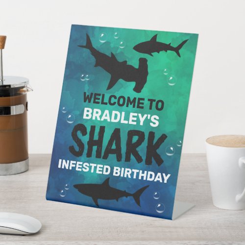Shark Infested Any Age Birthday Party Welcome Pedestal Sign