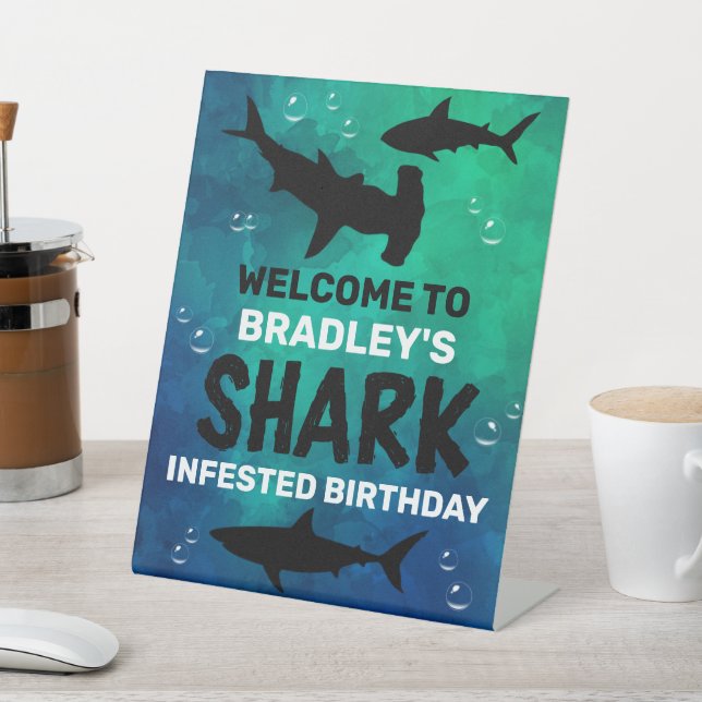 Shark Infested Any Age Birthday Party Welcome Pedestal Sign (In SItu)