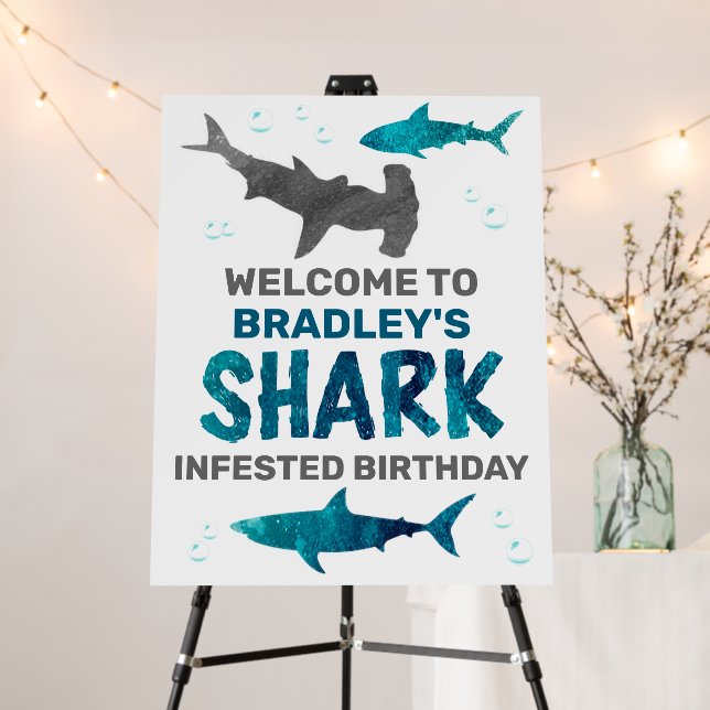 Shark Infested Any Age Birthday Party Welcome Sign (In Situ (Stand))