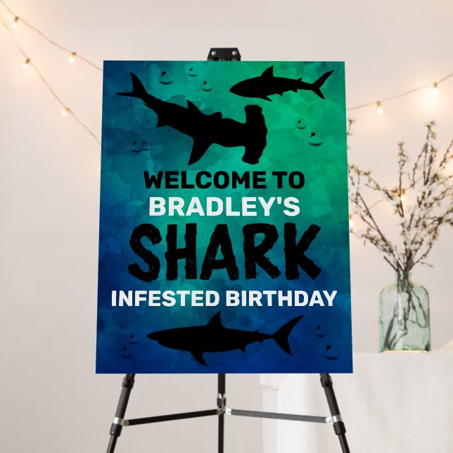 Shark Infested Any Age Birthday Party Welcome Sign (In Situ (Stand))