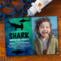 Shark Infested Any Age Birthday Photo Real Foil Invitation