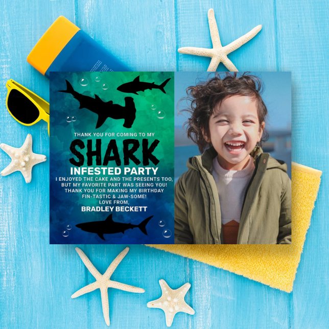 Shark Infested Any Age Birthday Photo Thank You Foil Invitation (Creator Uploaded)