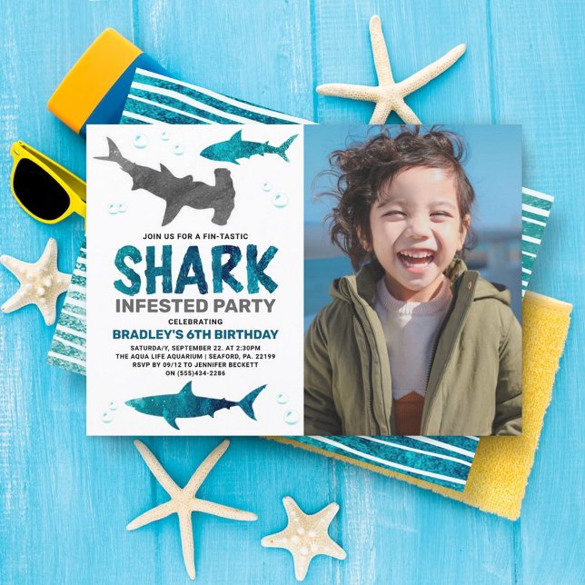 Shark Infested Any Age Photo Birthday Party Invitation (Creator Uploaded)