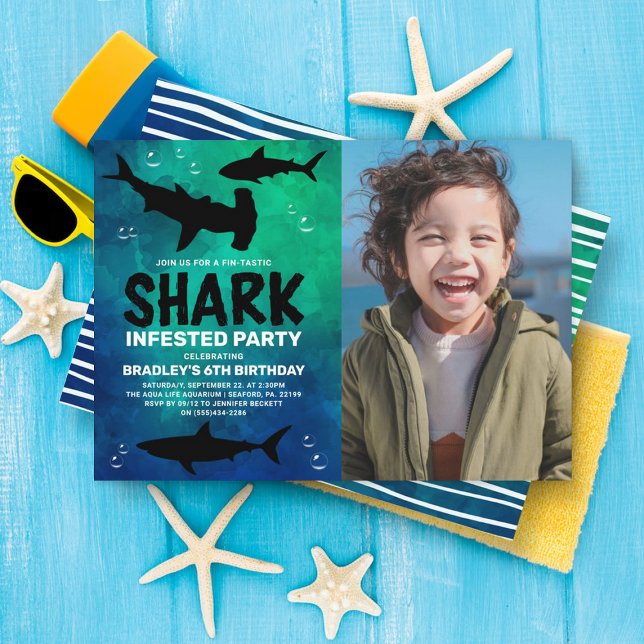 Shark Infested Any Age Photo Birthday Party Invitation (Creator Uploaded)
