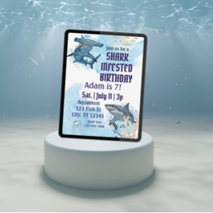 Shark Infested Birthday, realistic watercolor Invitation