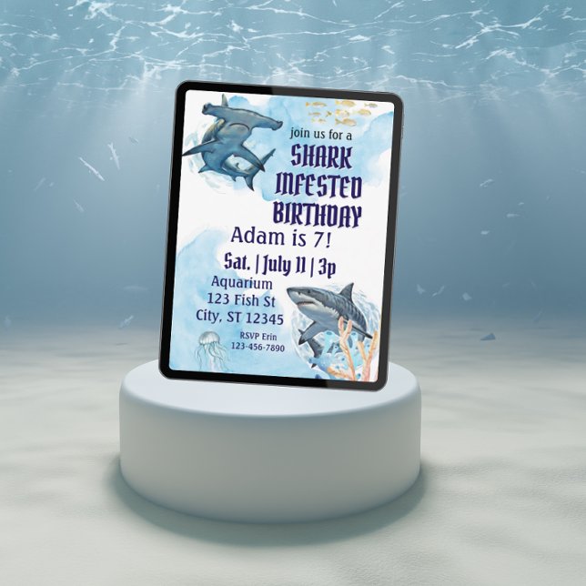 Shark Infested Birthday, realistic watercolor Invitation (Creator Uploaded)